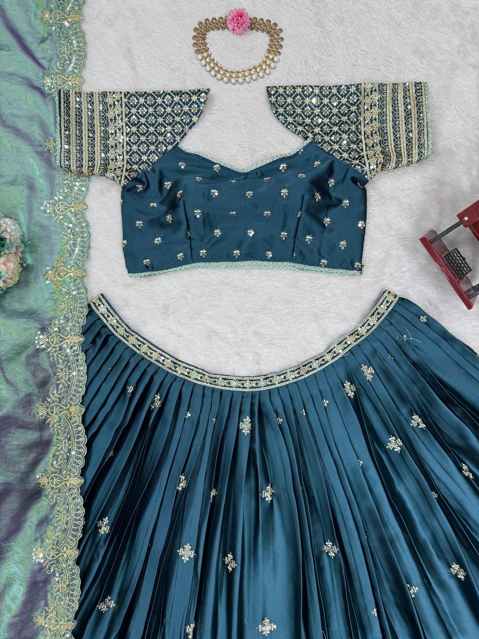 Teal Elegant Japan Satin Lehenga Choli Set with Thread & Sequin Work and Fendi Silk Dupatta ClothsVilla