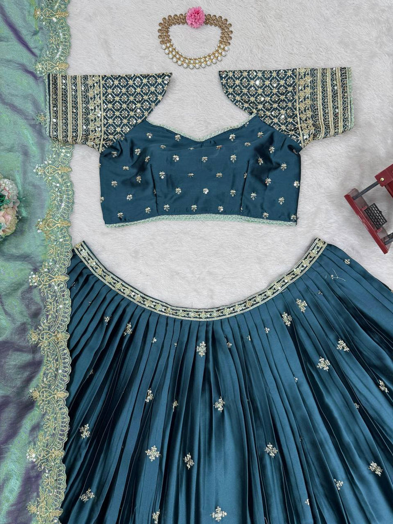 Teal Elegant Japan Satin Lehenga Choli Set with Thread & Sequin Work and Fendi Silk Dupatta ClothsVilla