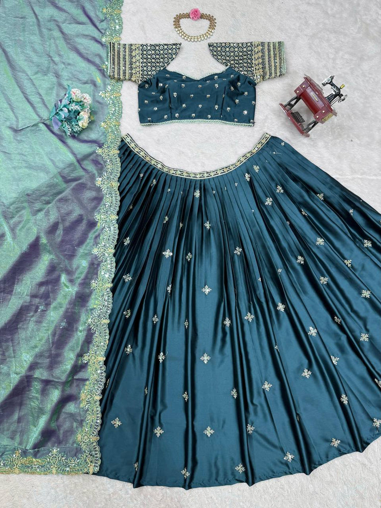 Teal Elegant Japan Satin Lehenga Choli Set with Thread & Sequin Work and Fendi Silk Dupatta ClothsVilla