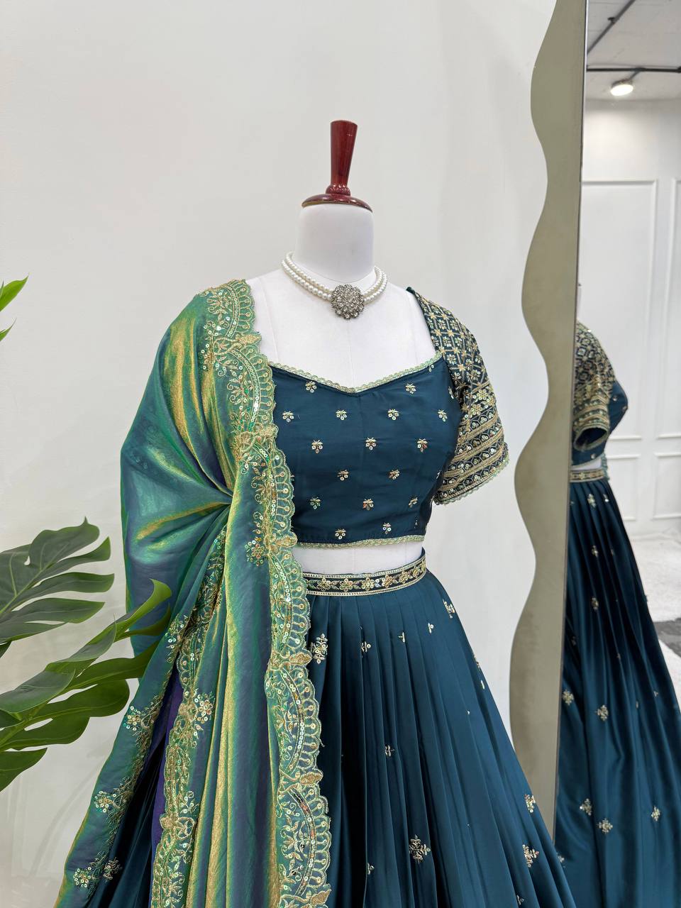 Teal Elegant Japan Satin Lehenga Choli Set with Thread & Sequin Work and Fendi Silk Dupatta ClothsVilla