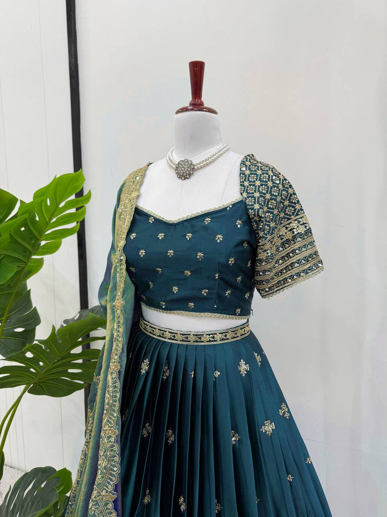 Teal Elegant Japan Satin Lehenga Choli Set with Thread & Sequin Work and Fendi Silk Dupatta ClothsVilla