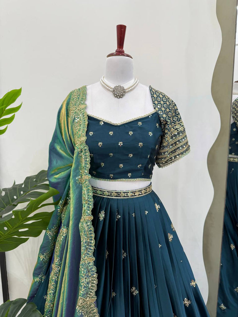 Teal Elegant Japan Satin Lehenga Choli Set with Thread & Sequin Work and Fendi Silk Dupatta ClothsVilla