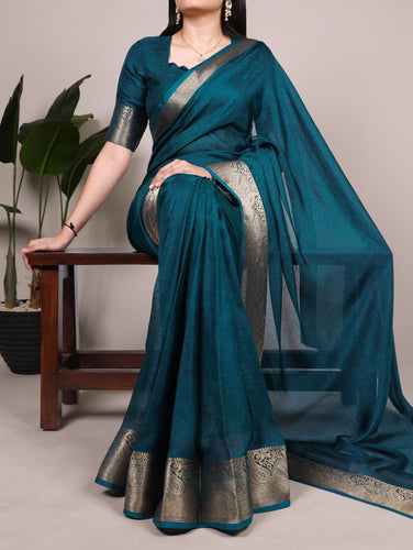 Teal Elegant Mass Mello Zari Weaving Saree with Matching Unstitched Blouse – Premium Party & Festive Wear Traditional Silk Look Saree ClothsVilla