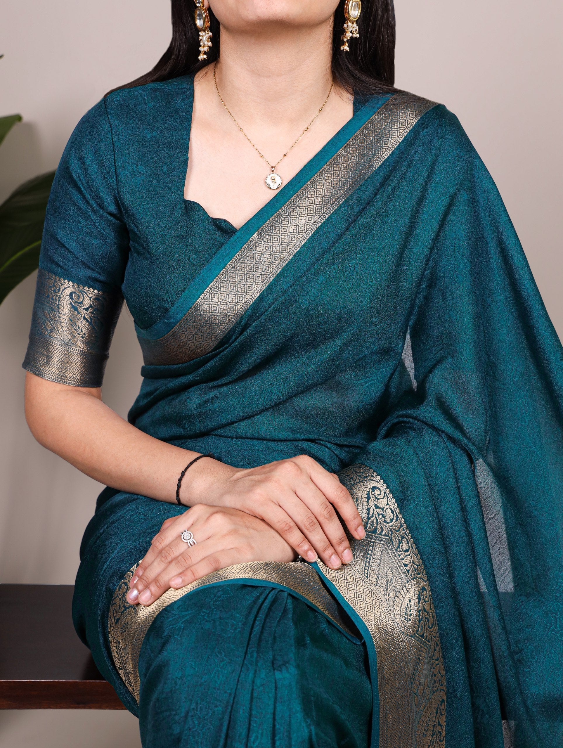 Teal Elegant Mass Mello Zari Weaving Saree with Matching Unstitched Blouse – Premium Party & Festive Wear Traditional Silk Look Saree Secondary image