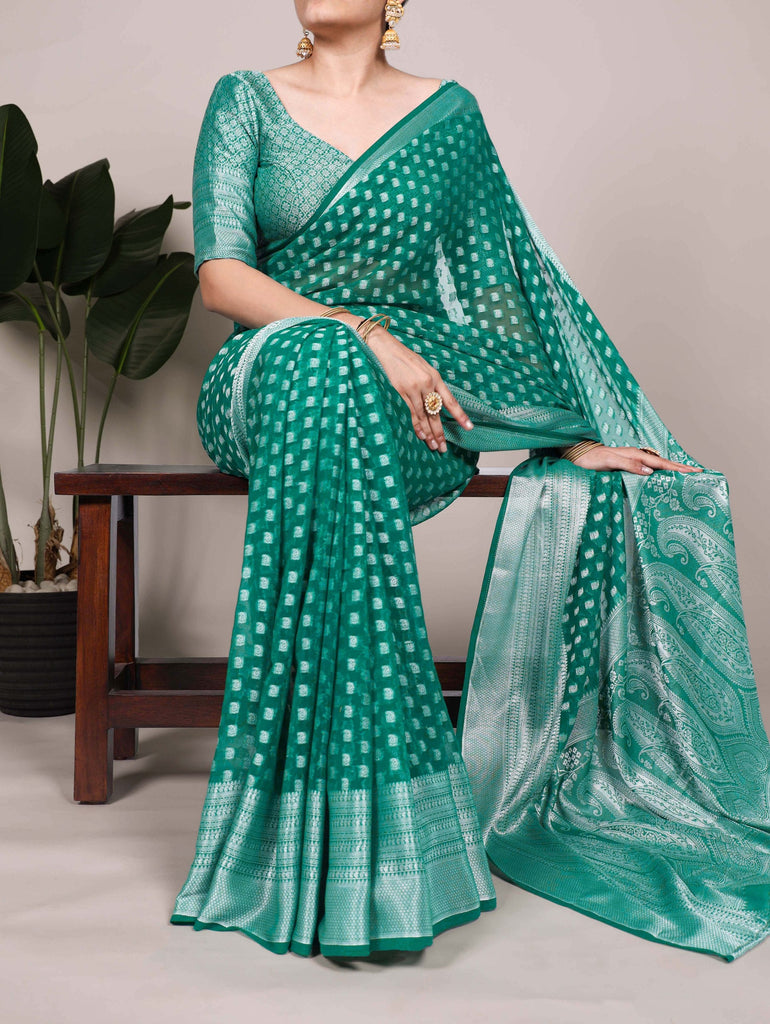 Teal Elegant Nylon Georgette Saree with Zari Weaving & Viscose Border ClothsVilla