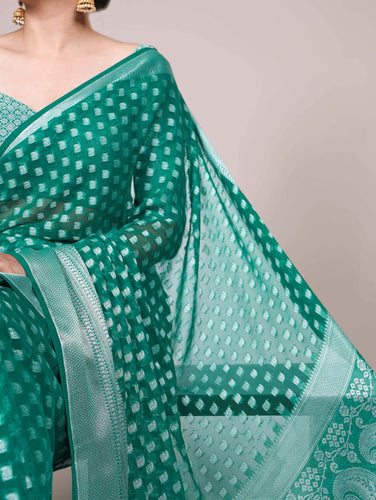 Teal Elegant Nylon Georgette Saree with Zari Weaving & Viscose Border ClothsVilla