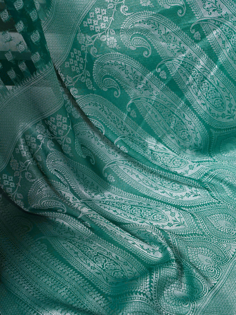Teal Elegant Nylon Georgette Saree with Zari Weaving & Viscose Border ClothsVilla