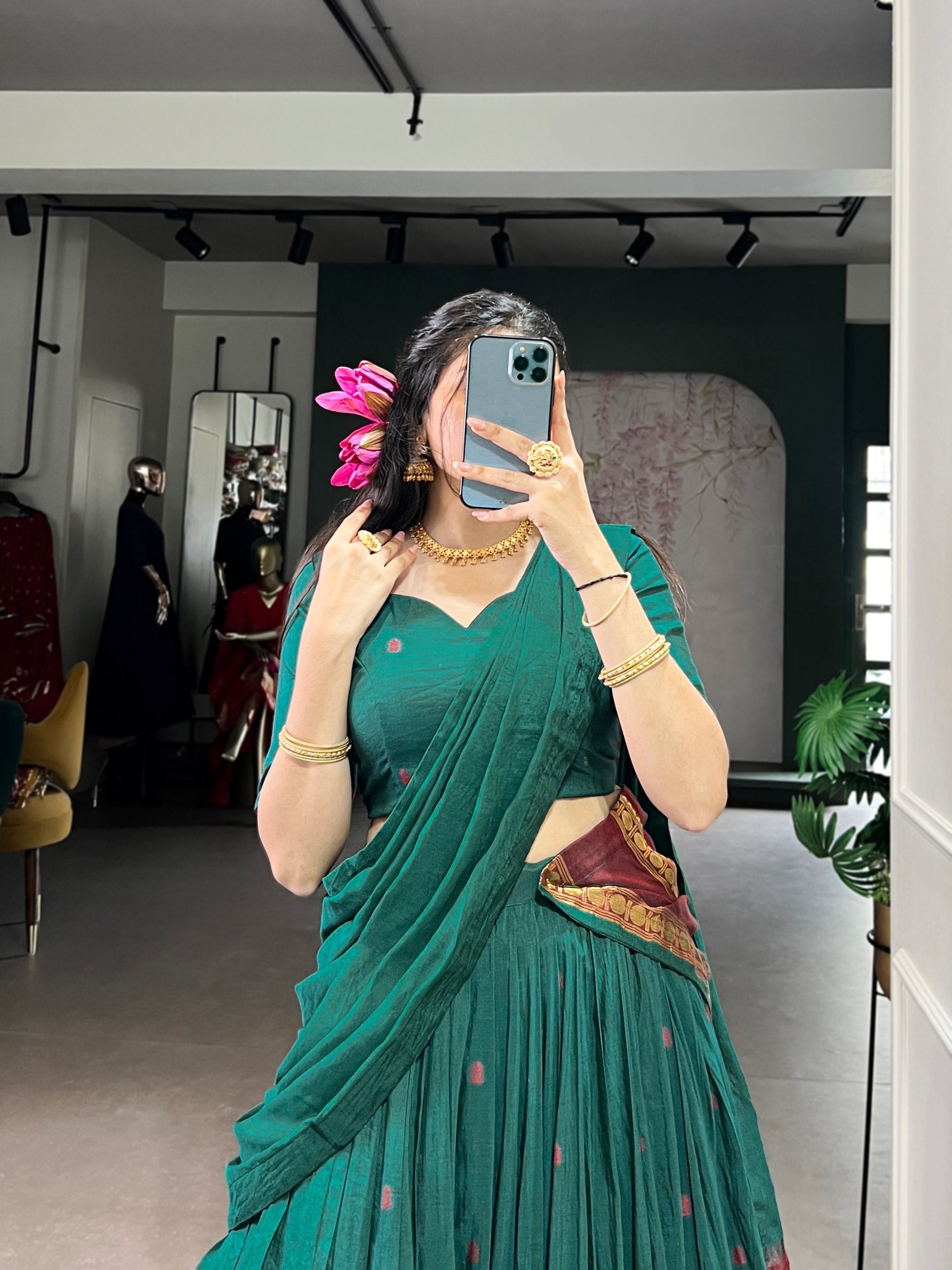 Teal Elegant Pure Chanderi Lehenga with Zari Weaving Work – Stitched Lehenga with Unstitched Blouse & Zari Dupatta Secondary image