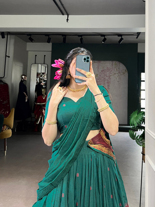 Teal Elegant Pure Chanderi Lehenga with Zari Weaving Work – Stitched Lehenga with Unstitched Blouse & Zari Dupatta Clothsvilla