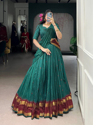 Teal Elegant Pure Chanderi Lehenga with Zari Weaving Work – Stitched Lehenga with Unstitched Blouse & Zari Dupatta Clothsvilla