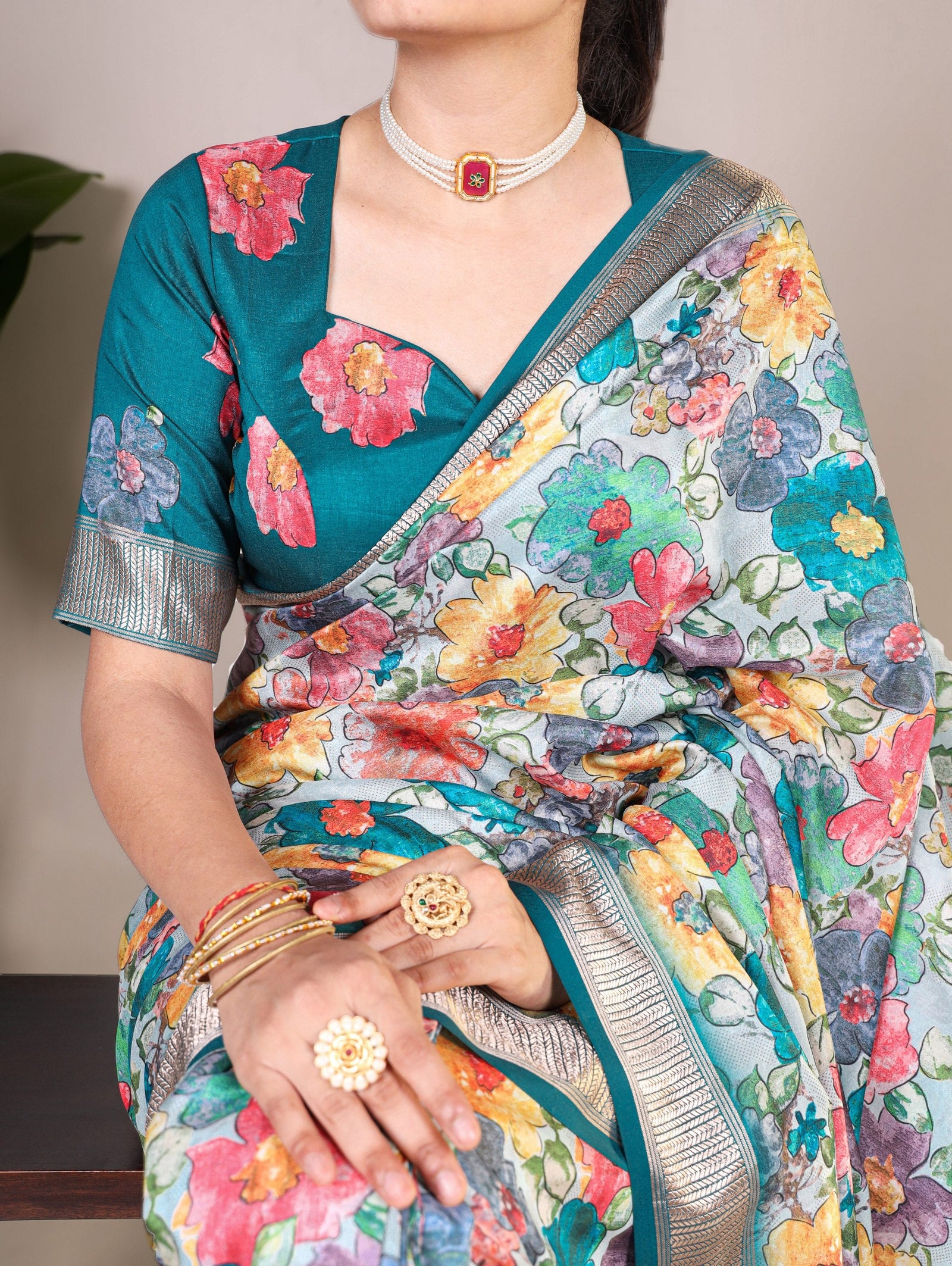 Teal Elegant Tussar Silk Floral Printed Saree with Viscose Border ClothsVilla