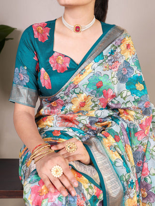 Teal Elegant Tussar Silk Floral Printed Saree with Viscose Border ClothsVilla