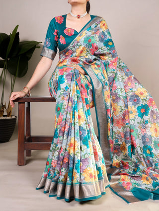 Teal Elegant Tussar Silk Floral Printed Saree with Viscose Border ClothsVilla