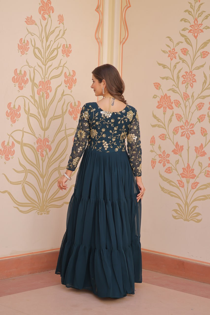 Teal Faux Blooming Fabric Embroidered Gown with 12-Meter Flair & Fancy V-Neck Design ClothsVilla