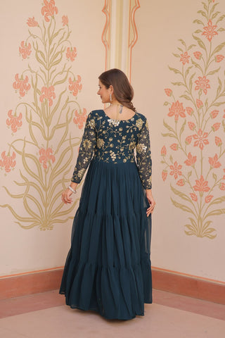 Teal Faux Blooming Fabric Embroidered Gown with 12-Meter Flair & Fancy V-Neck Design ClothsVilla