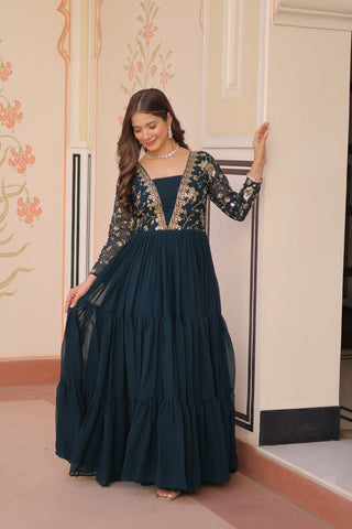 Teal Faux Blooming Fabric Embroidered Gown with 12-Meter Flair & Fancy V-Neck Design ClothsVilla