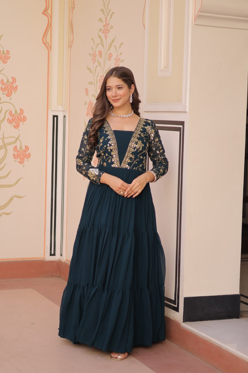 Teal Faux Blooming Fabric Embroidered Gown with 12-Meter Flair & Fancy V-Neck Design ClothsVilla