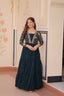 Teal Faux Blooming Fabric Embroidered Gown with 12-Meter Flair & Fancy V-Neck Design ClothsVilla