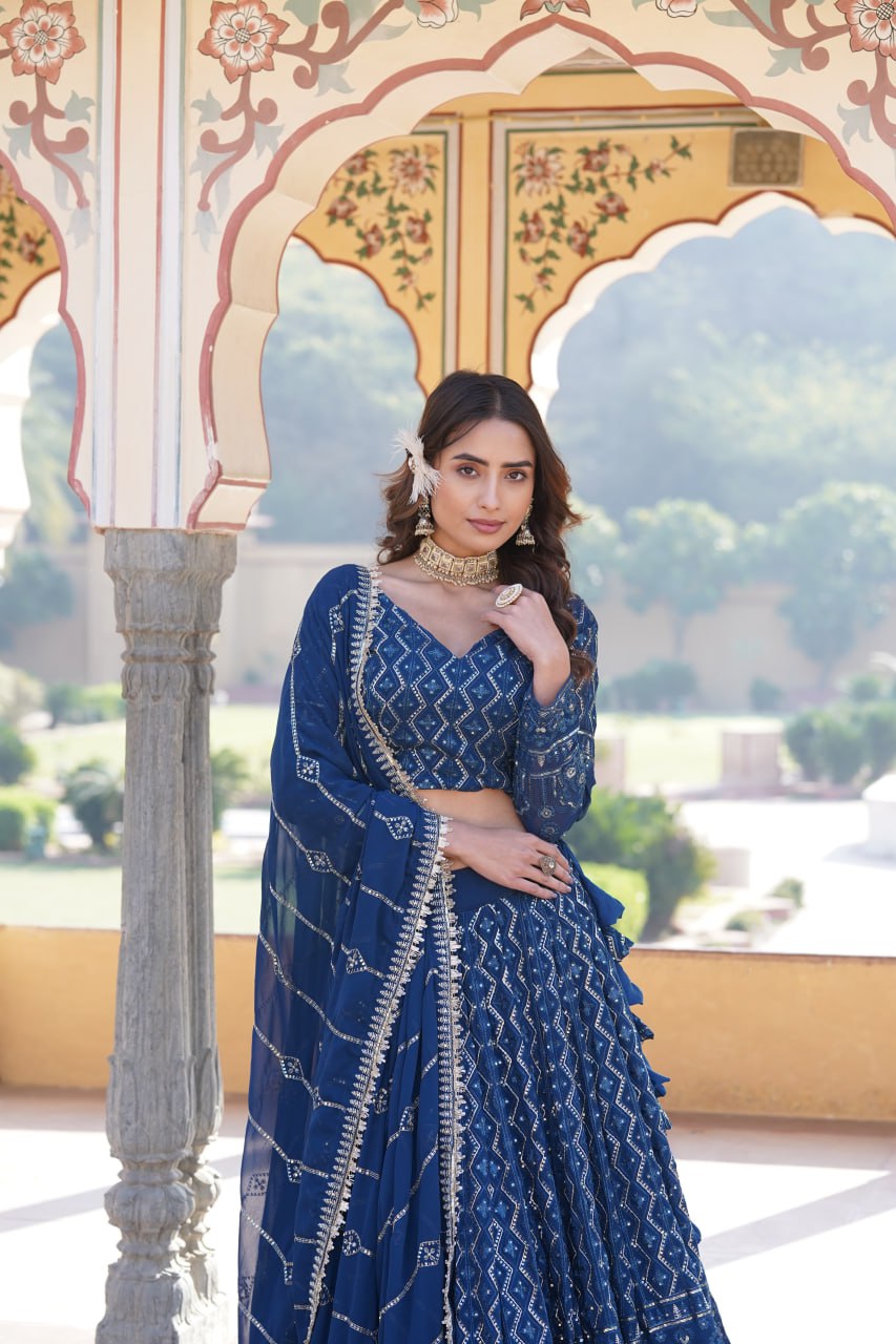 Shimmering Teal Faux Georgette Lehenga Choli with Sequins & Thread Work ClothsVilla