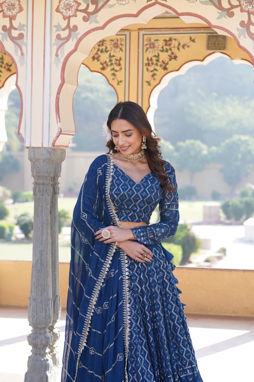 Shimmering Teal Faux Georgette Lehenga Choli with Sequins & Thread Work ClothsVilla