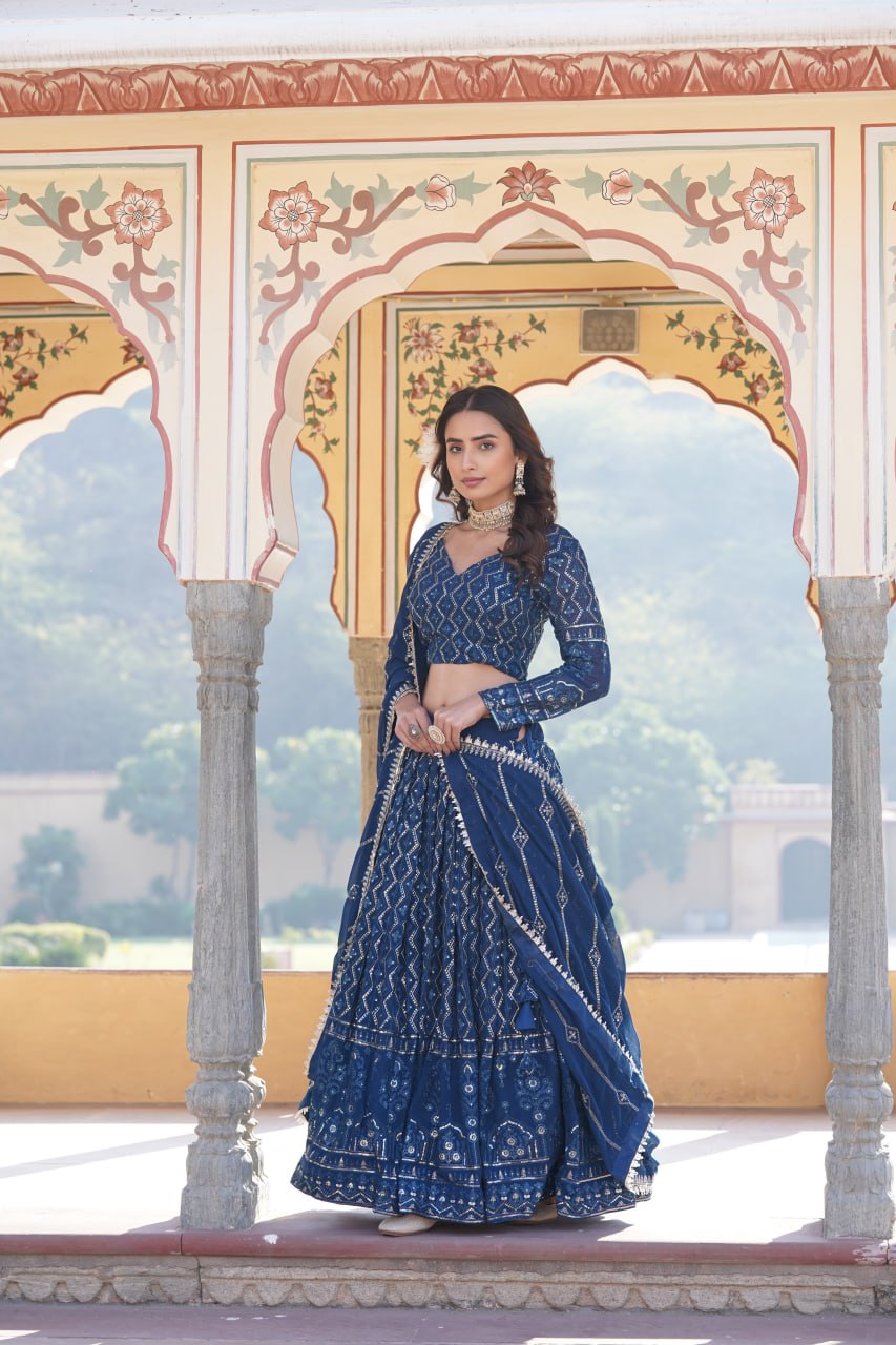 Shimmering Teal Faux Georgette Lehenga Choli with Sequins & Thread Work ClothsVilla Main image