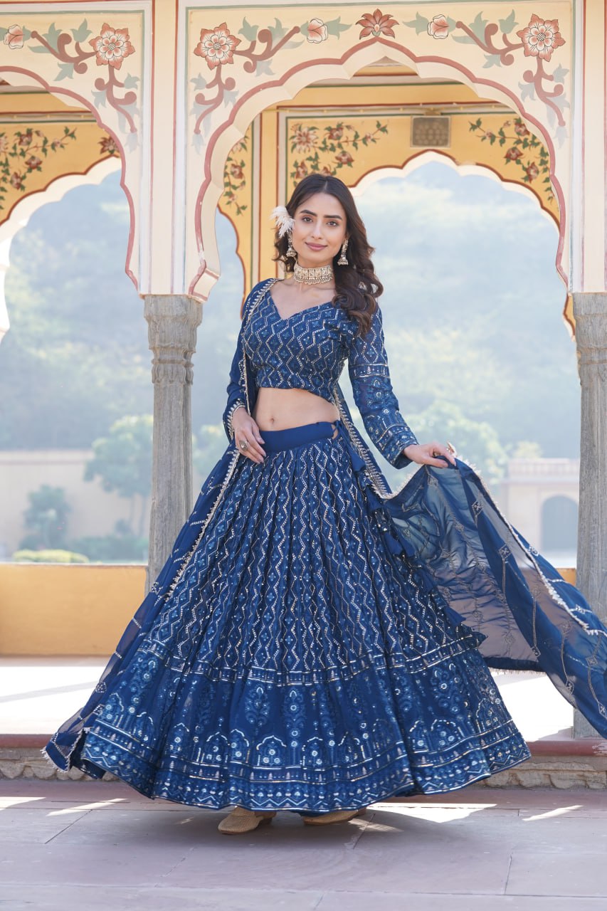 Shimmering Teal Faux Georgette Lehenga Choli with Sequins & Thread Work ClothsVilla