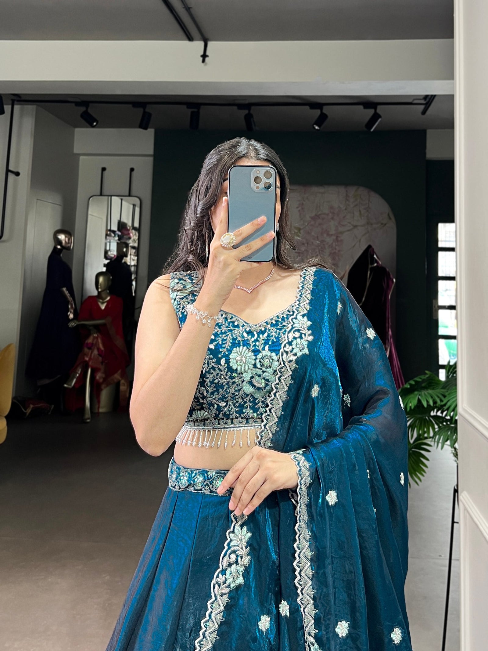 Teal Fendi Fabric Embroidered Lehenga Set with Sequins Work – Stitched Lehenga & Unstitched Blouse ClothsVilla