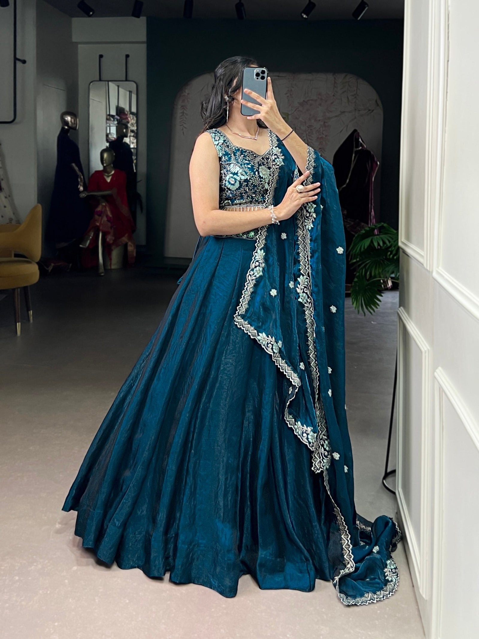 Teal Fendi Fabric Embroidered Lehenga Set with Sequins Work – Stitched Lehenga & Unstitched Blouse ClothsVilla