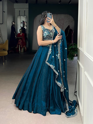 Teal Fendi Fabric Embroidered Lehenga Set with Sequins Work – Stitched Lehenga & Unstitched Blouse ClothsVilla