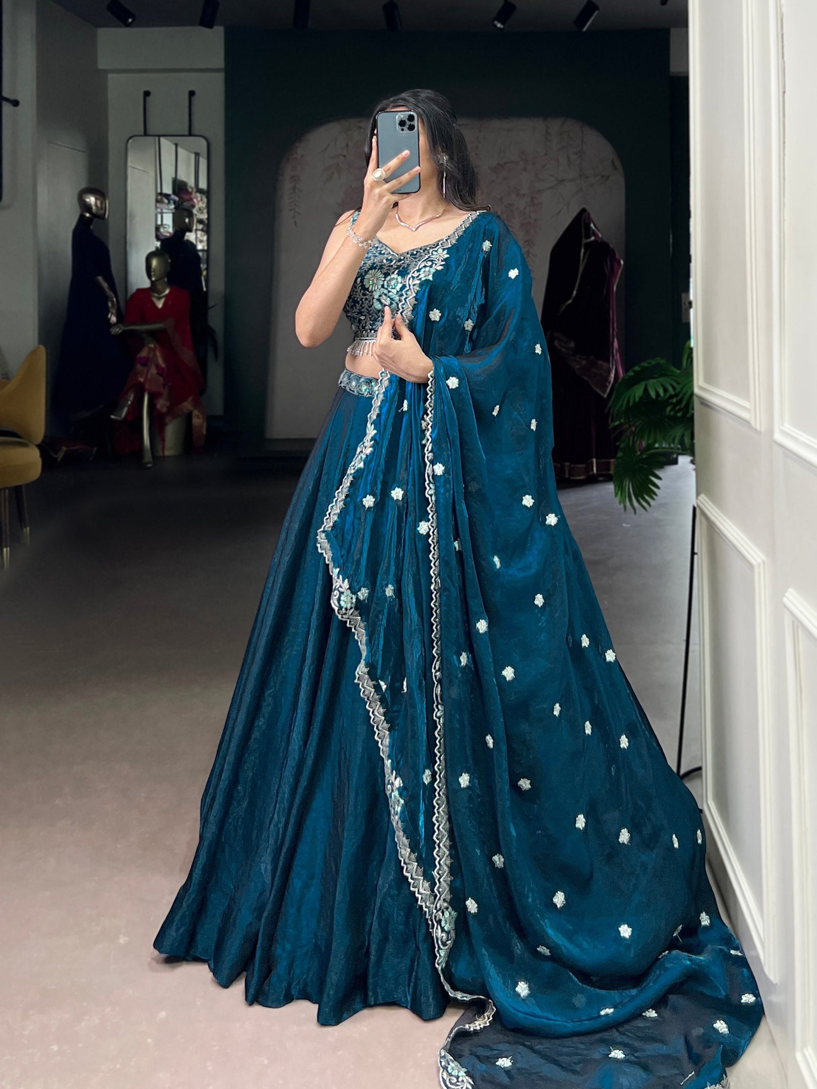 Teal Fendi Fabric Embroidered Lehenga Set with Sequins Work – Stitched Lehenga & Unstitched Blouse ClothsVilla