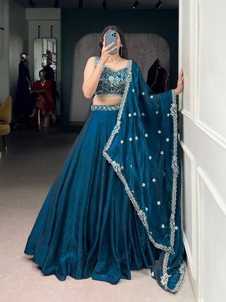 Teal Fendi Fabric Embroidered Lehenga Set with Sequins Work – Stitched Lehenga & Unstitched Blouse ClothsVilla