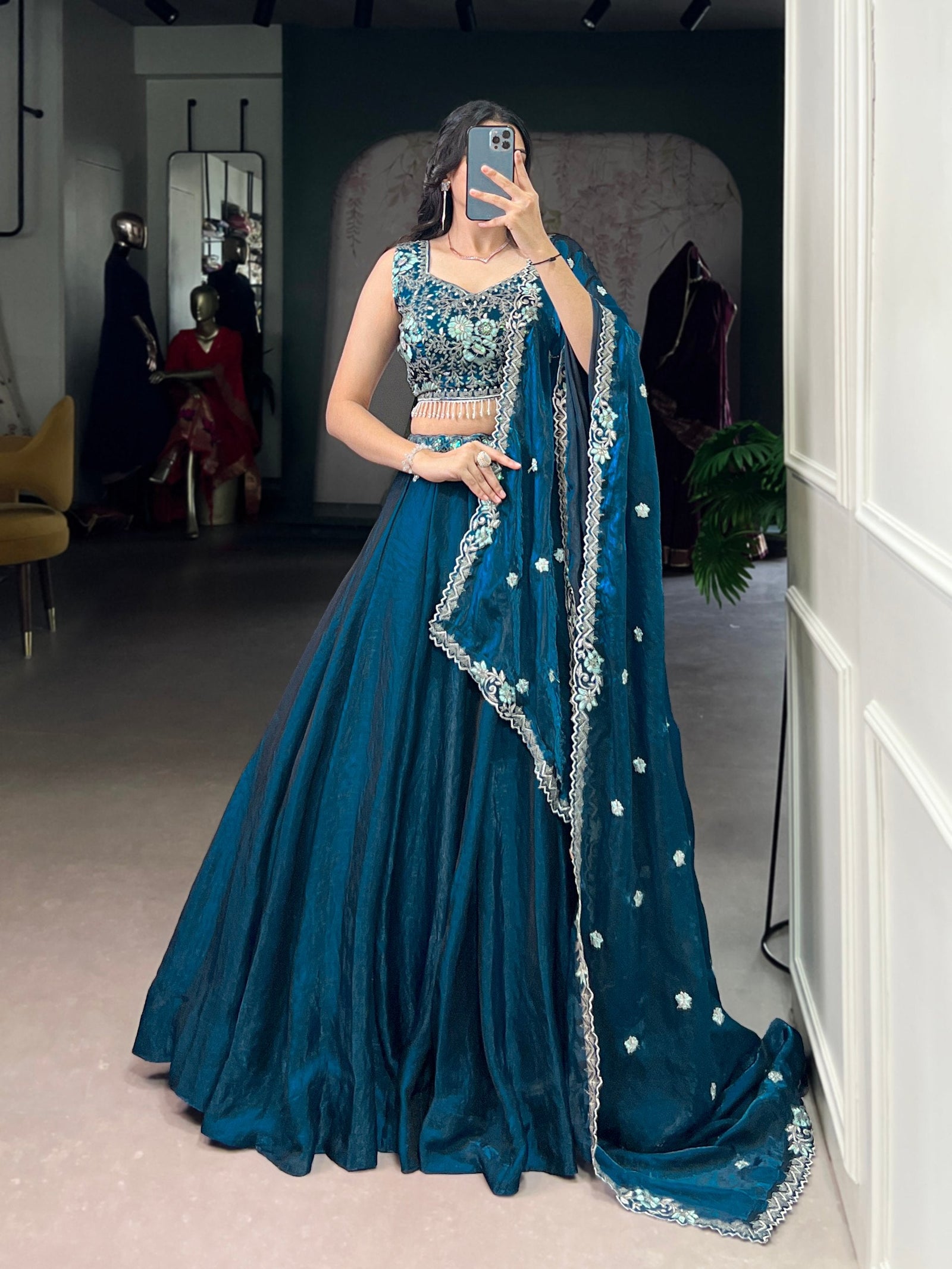 Teal Fendi Fabric Embroidered Lehenga Set with Sequins Work – Stitched Lehenga & Unstitched Blouse ClothsVilla