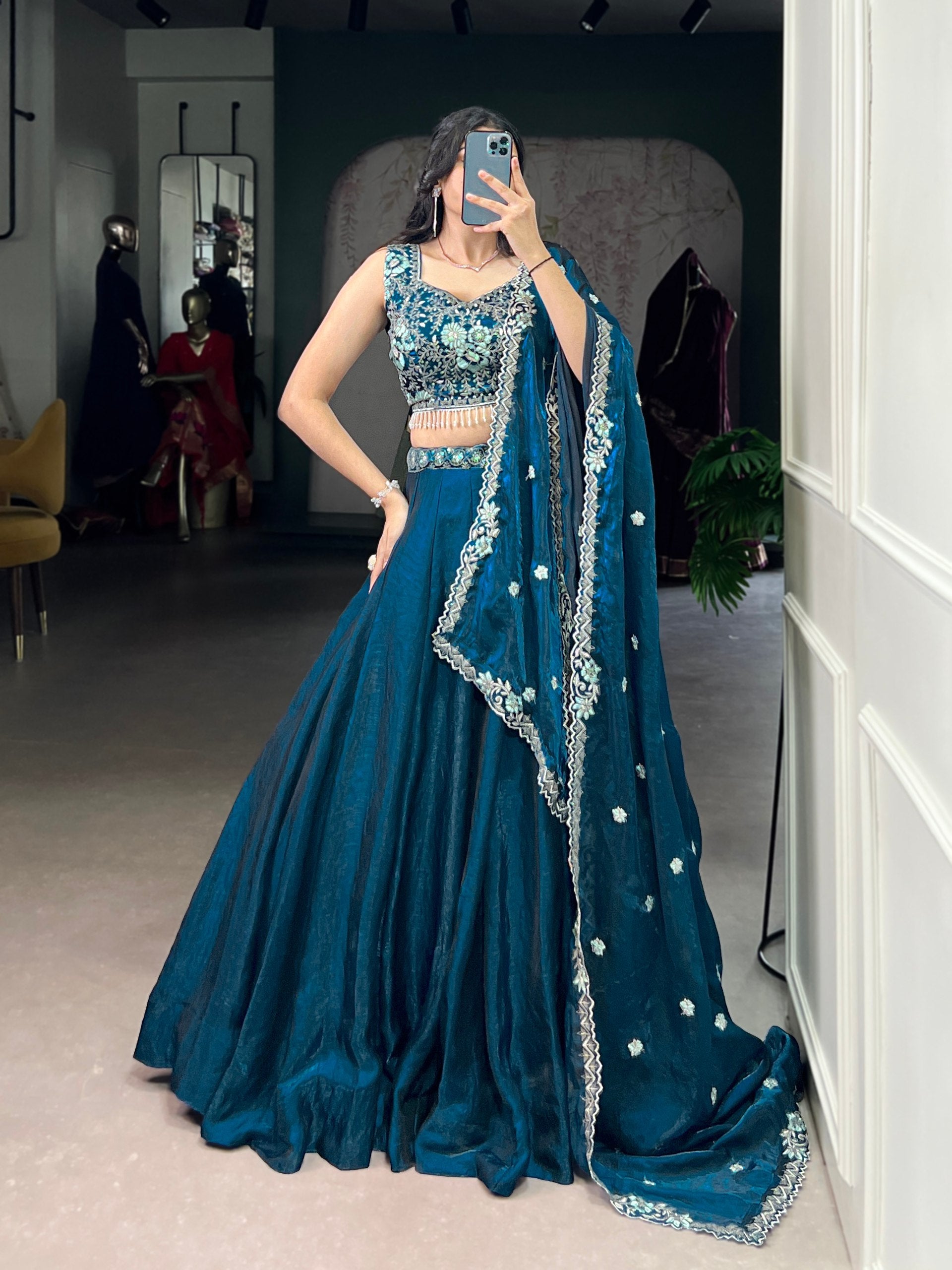 Teal Fendi Fabric Embroidered Lehenga Set with Sequins Work – Stitched  Lehenga Unstitched Blouse