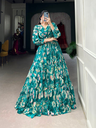 Teal Floral Elegance Georgette Chex Co-ord Set – Effortless Grace & Style