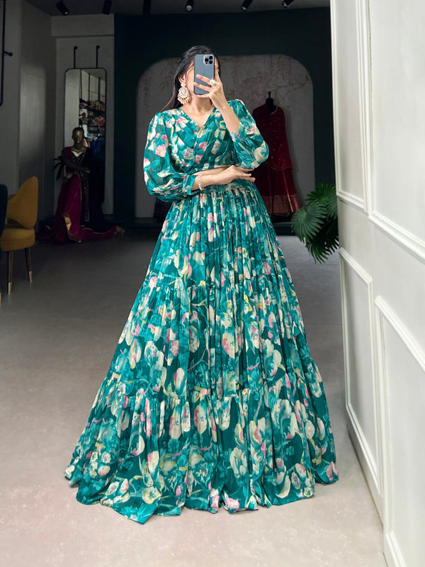 Teal Floral Elegance Georgette Chex Co-ord Set – Effortless Grace & Style