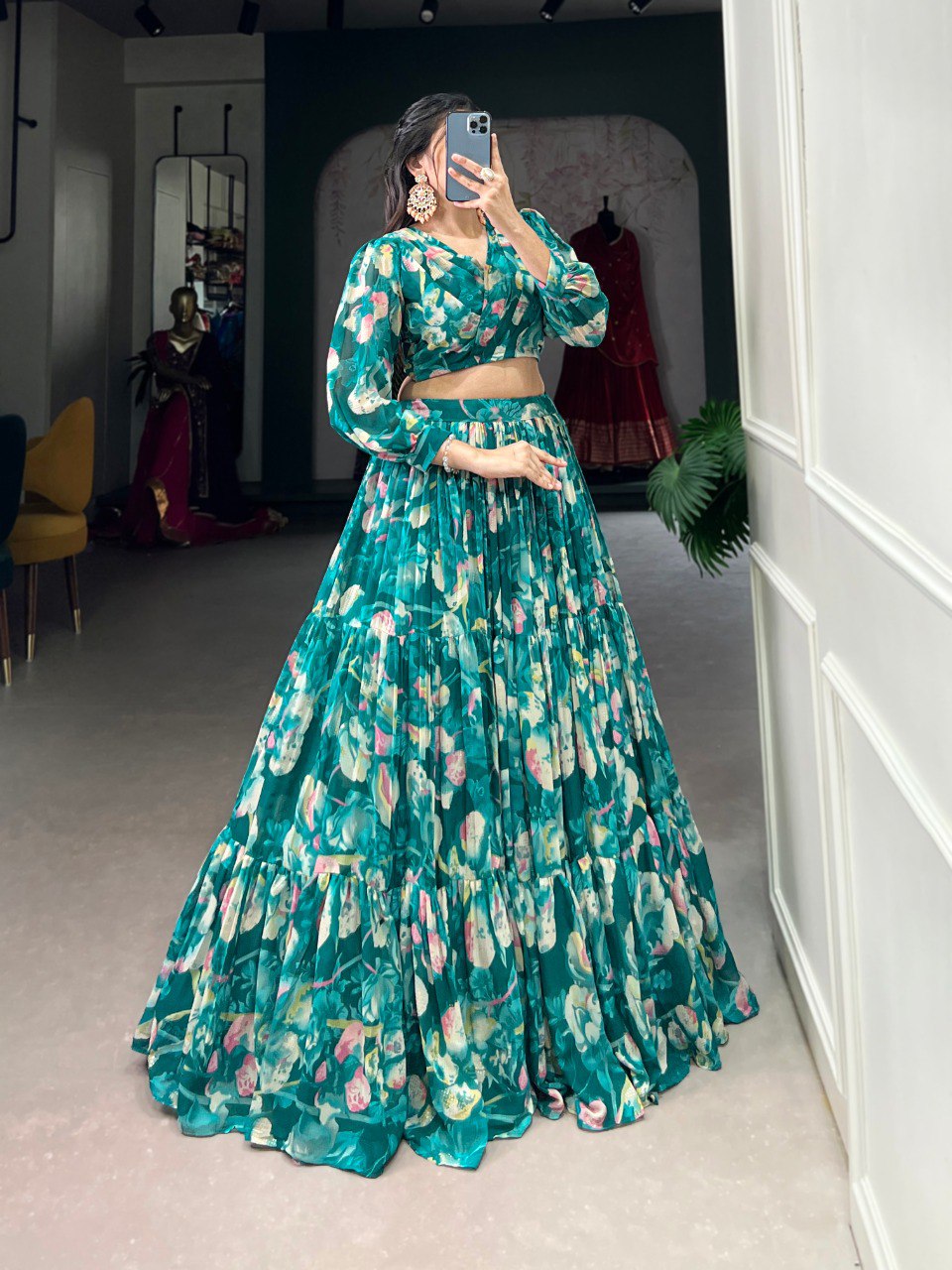 Teal Floral Elegance Georgette Chex Co-ord Set – Effortless Grace & Style