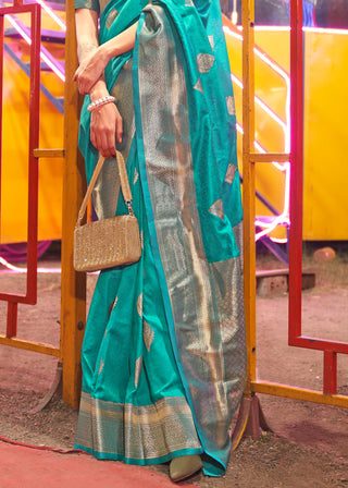 Teal Floral Printed Banarasi Silk Saree with Zari Woven Pallu ClothsVilla