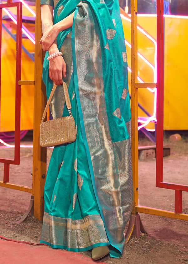 Teal Floral Printed Banarasi Silk Saree with Zari Woven Pallu ClothsVilla