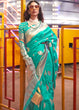 Load image into Gallery viewer, Teal Floral Printed Banarasi Silk Saree with Zari Woven Pallu ClothsVilla