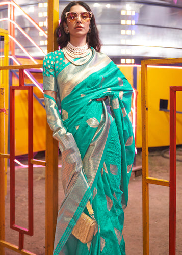 Teal Floral Printed Banarasi Silk Saree with Zari Woven Pallu ClothsVilla