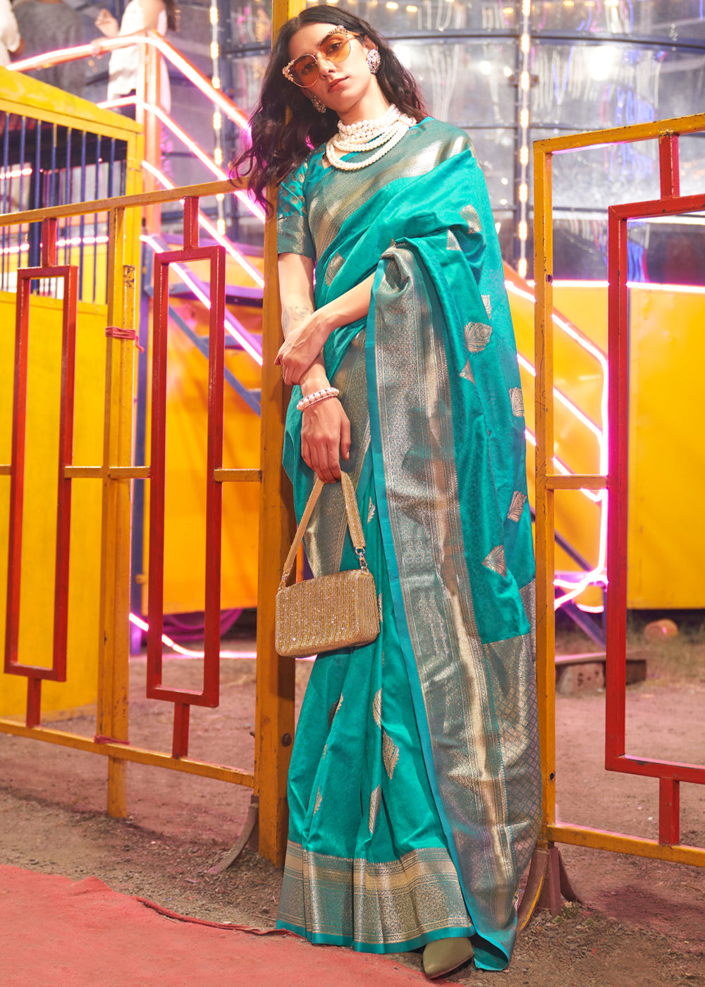 Teal Floral Printed Banarasi Silk Saree with Zari Woven Pallu ClothsVilla Main image