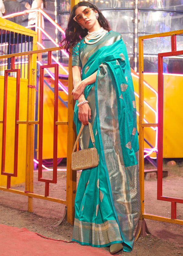 Teal Floral Printed Banarasi Silk Saree with Zari Woven Pallu ClothsVilla