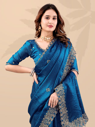 Teal Frendi Silk Saree with Sequin Work ClothsVilla