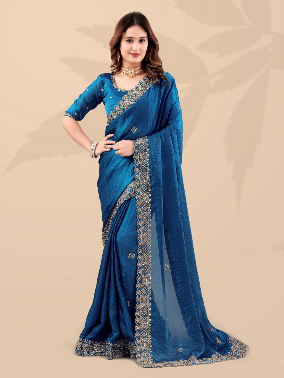 Teal Frendi Silk Saree with Sequin Work ClothsVilla