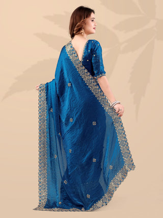 Teal Frendi Silk Saree with Sequin Work ClothsVilla