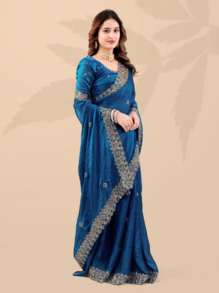 Teal Frendi Silk Saree with Sequin Work ClothsVilla
