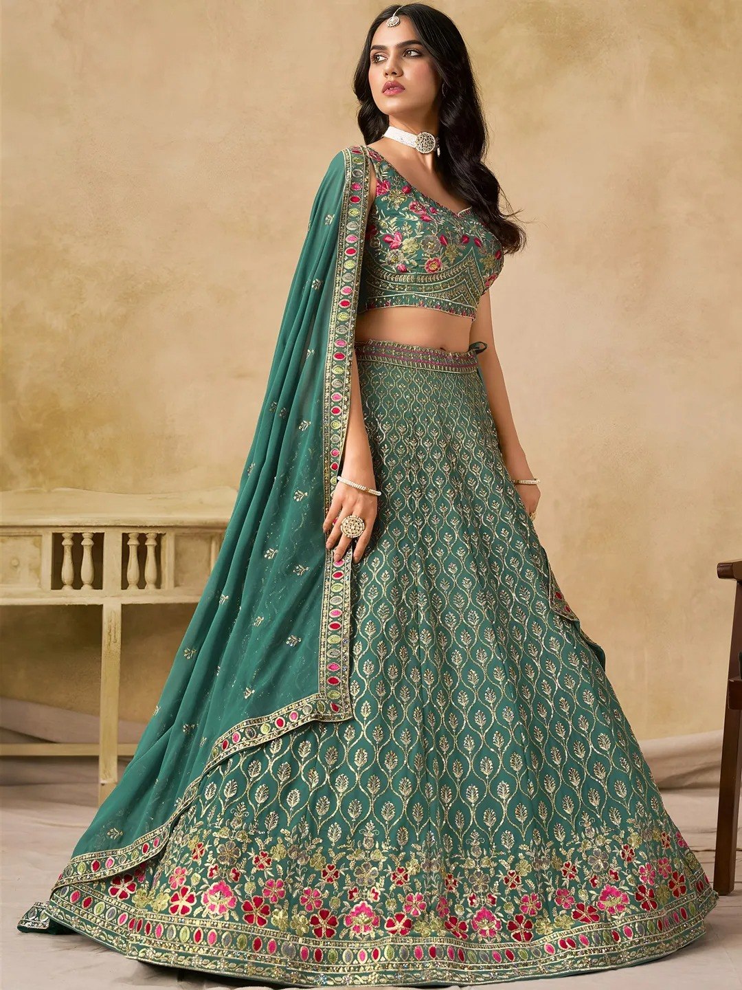 Teal Georgette Embroidered Lehenga Choli ClothsVilla