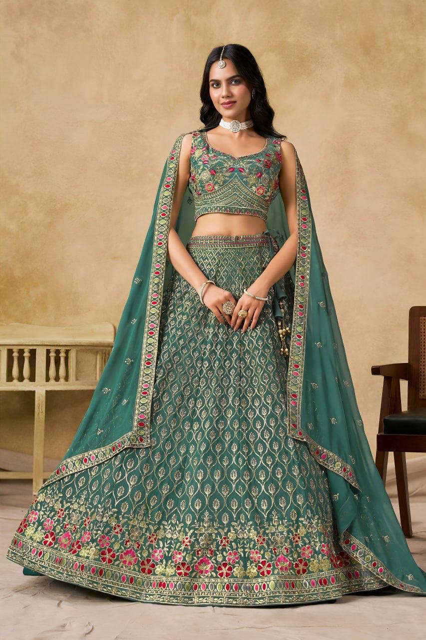 Teal Georgette Embroidered Lehenga Choli ClothsVilla