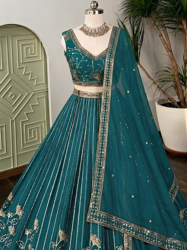Teal Georgette Embroidered Lehenga ClothsVilla