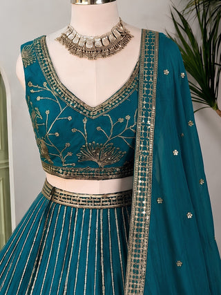 Teal Georgette Embroidered Lehenga ClothsVilla